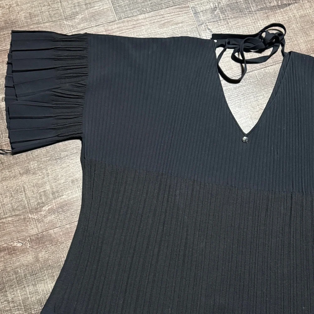 CHANEL Black Pleated Dress 👗 with Logo Button V neck - Picture 2 of 14